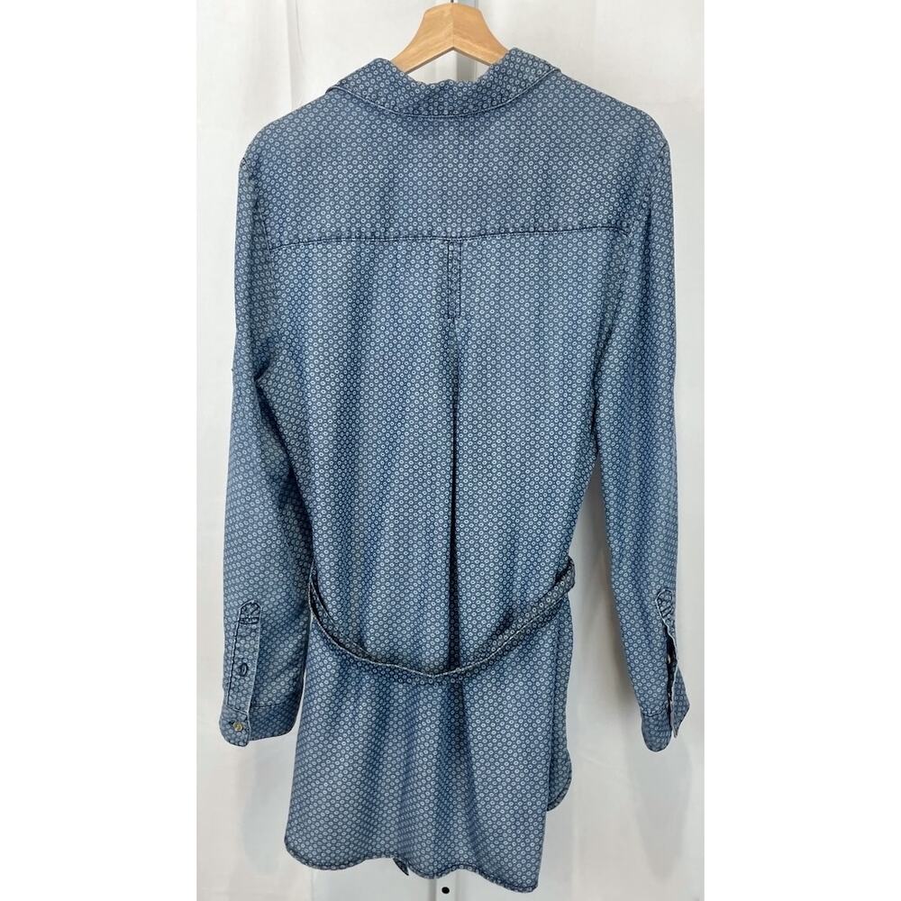 CLOTH & STONE Geometric Print Button Down Tunic Top Belted Tencel Denim Blue L - Picture 2 of 10